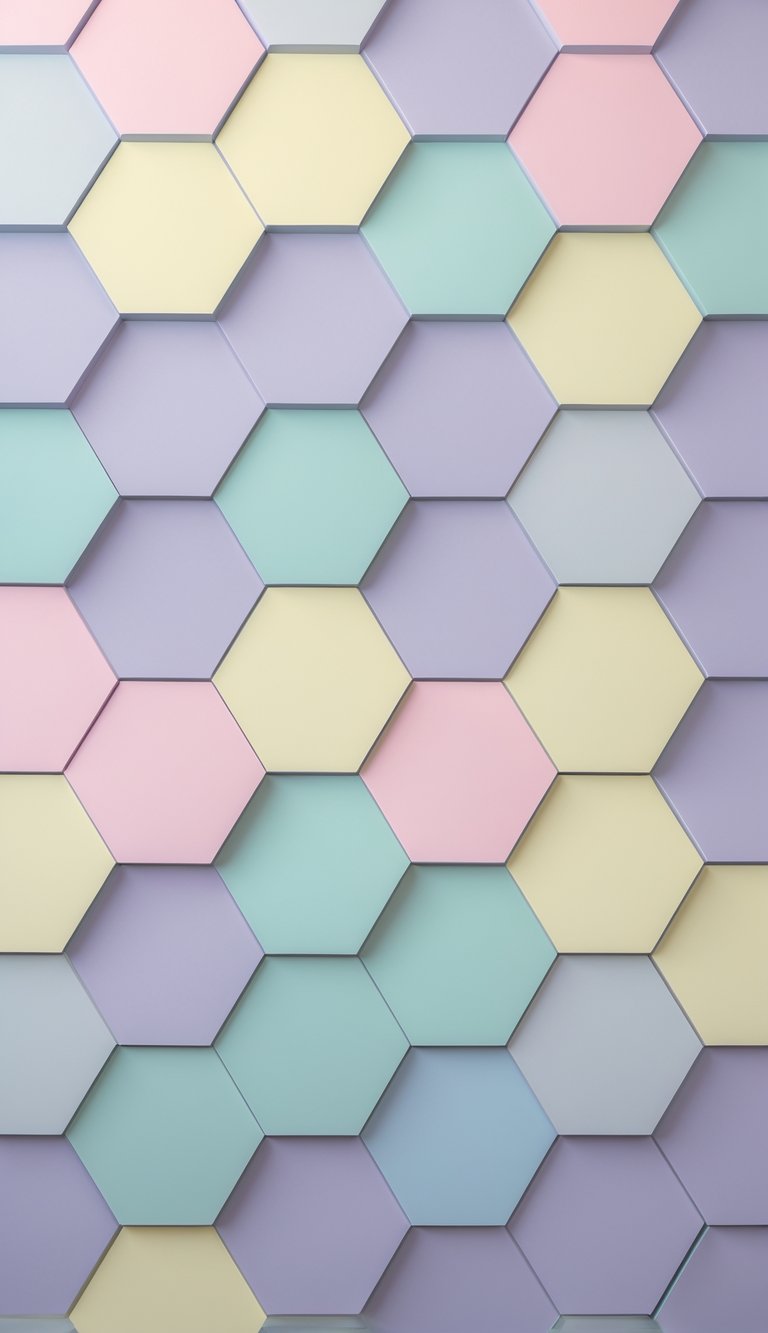 A repeating honeycomb pattern made of hexagons in soft pastel colors arranged in a grid.