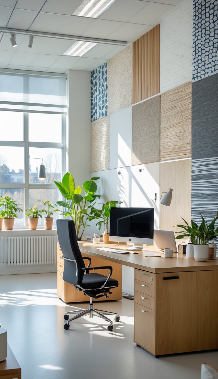 A modern office interior with different textured wallpapers on the walls, a wooden desk, office chair, computer, and plants.