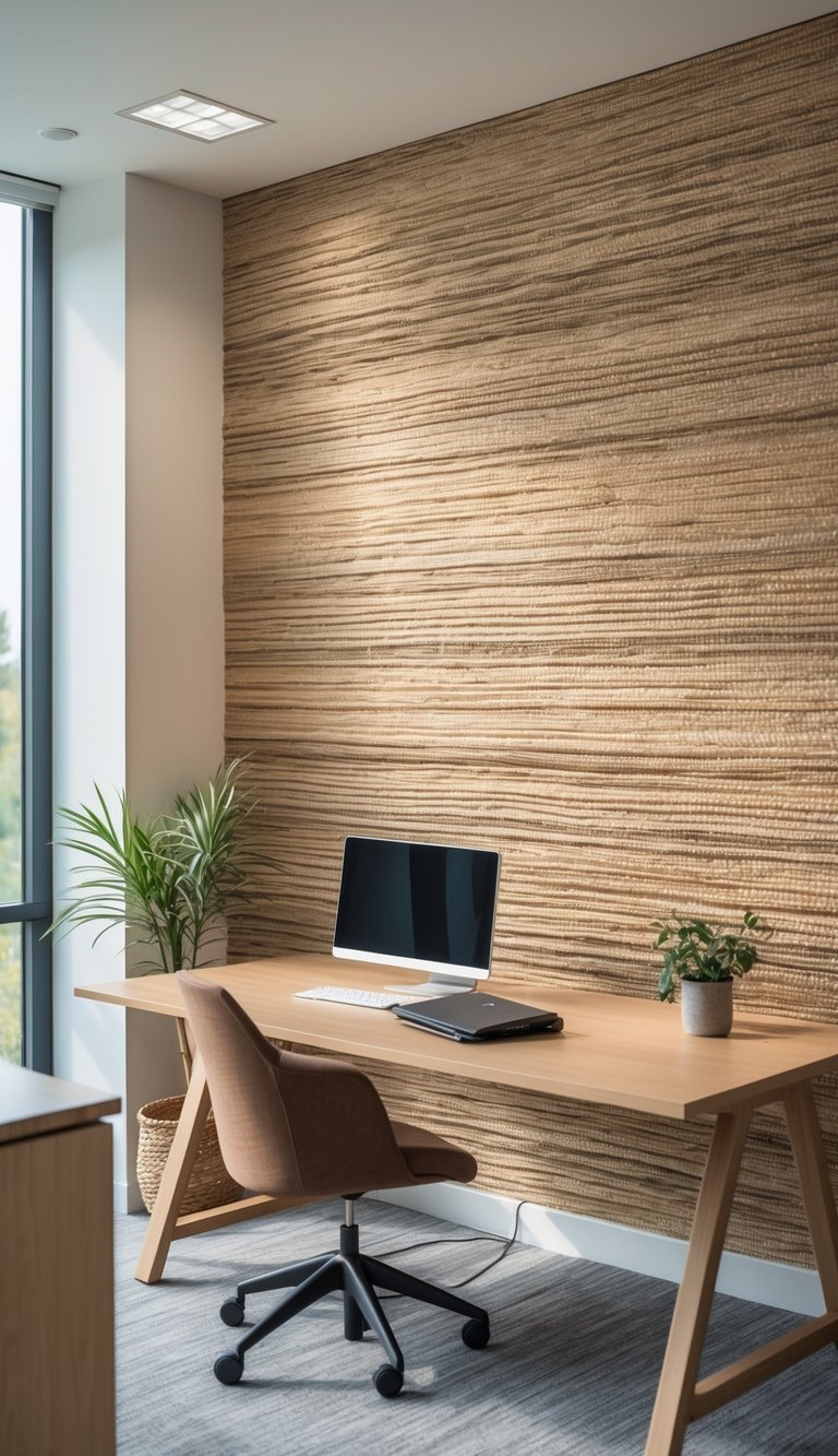 Modern office interior with a textured natural jute tone wallpaper, wooden desk, ergonomic chair, and a small plant.