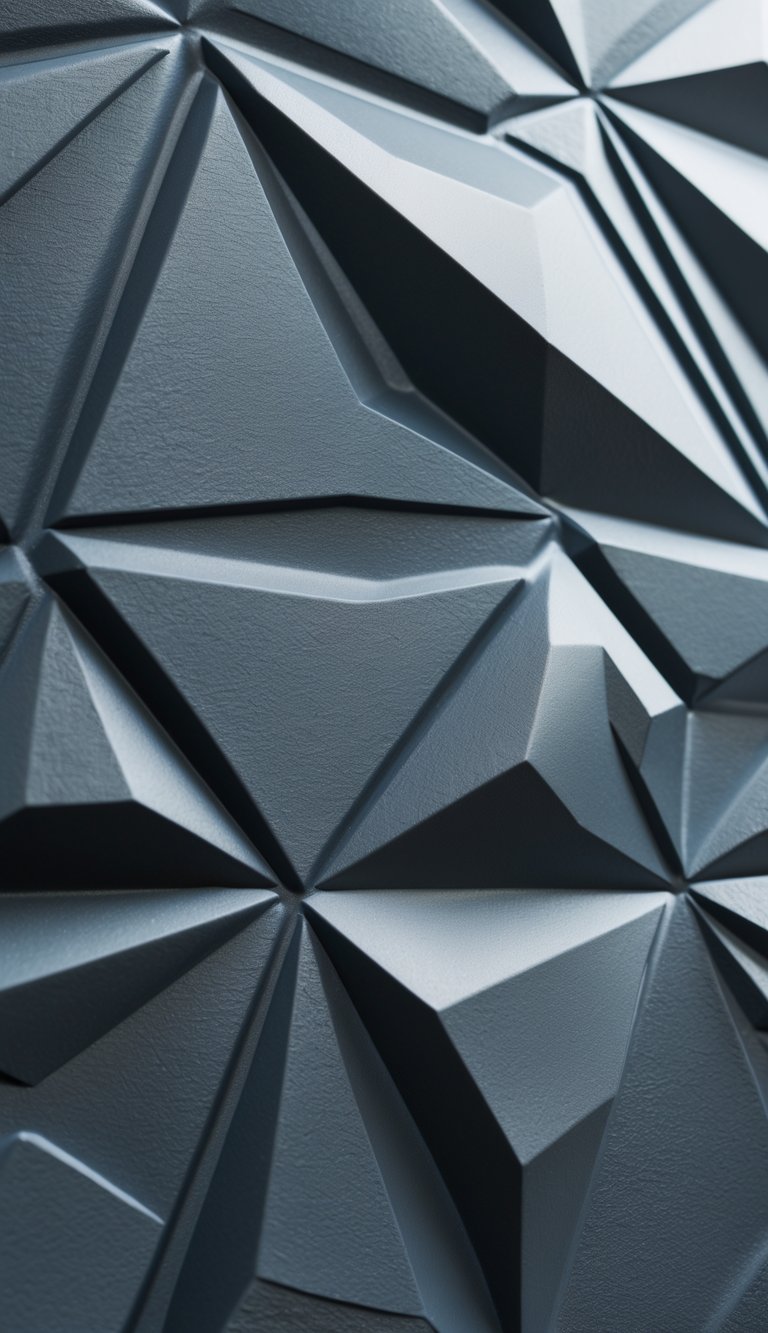 Close-up of textured charcoal gray geometric wallpaper with embossed patterns.