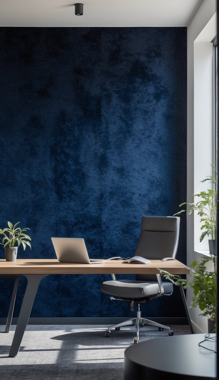 Modern office interior with a deep navy textured velvet wallpaper behind a wooden desk and ergonomic chair, lit by natural light.