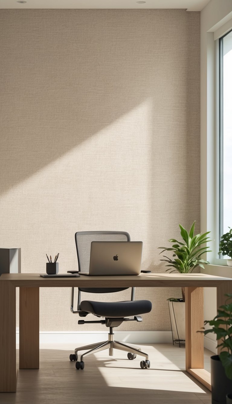 An office workspace with a desk, chair, laptop, and a beige textured wallpapered wall in the background.
