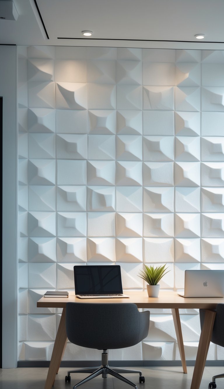 Office interior with a white textured wall featuring 3D foam tile patterns and a wooden desk with a laptop and plant.