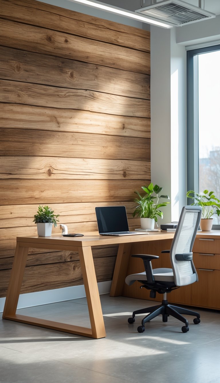 Office interior with a wall covered in wood-grain wallpaper and a desk with a laptop and plant.