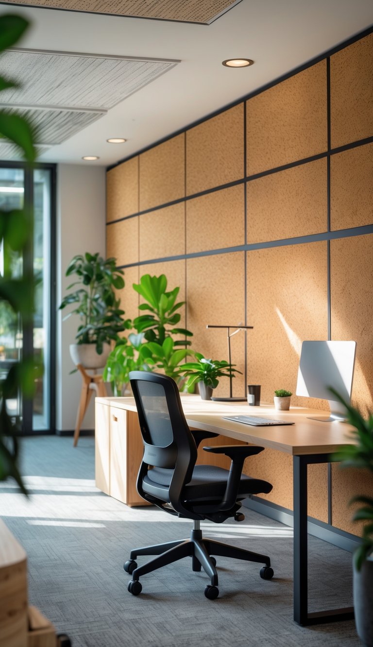 Modern office interior with cork wall panels on the walls, a wooden desk, chair, and green plants.