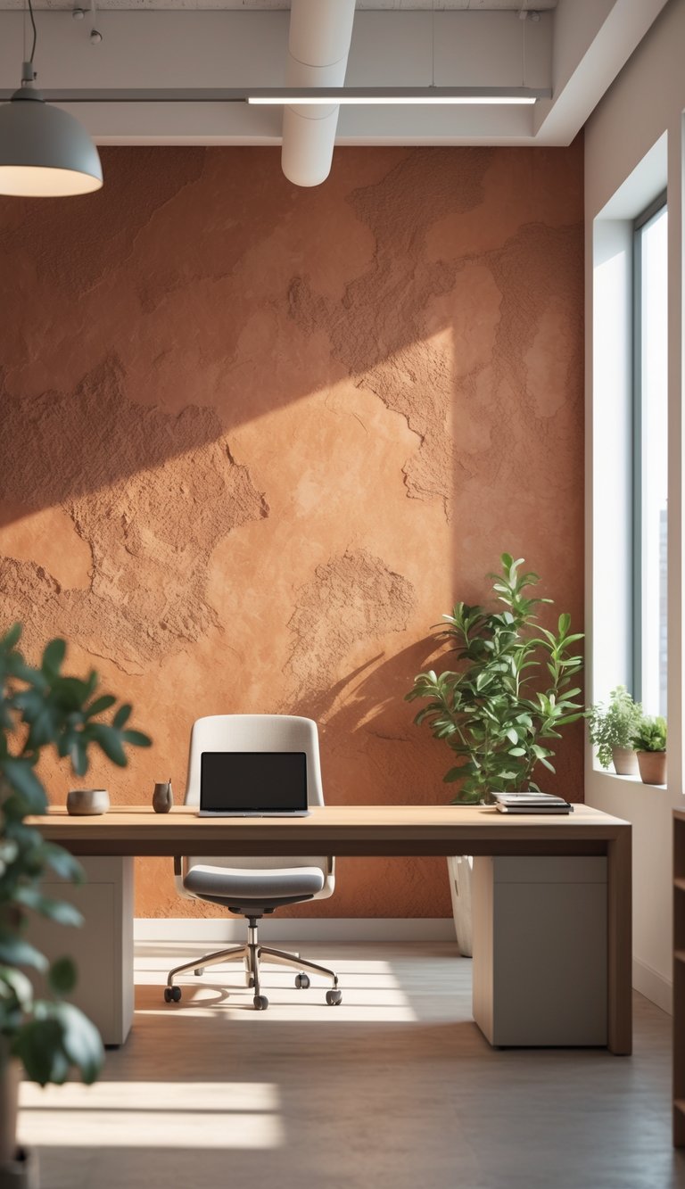 A modern office interior with a terracotta textured wall, a wooden desk with a laptop and plant, and an ergonomic chair.