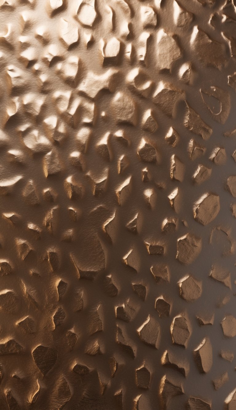 Close-up of a textured metallic hammered-steel wallpaper in brushed bronze tones.