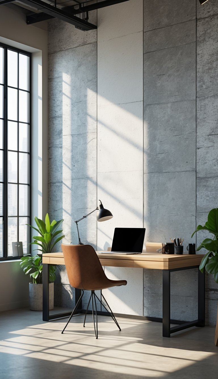 Modern office with a large textured concrete-effect wall, a wooden desk with a laptop and lamp, and natural light coming through big windows.