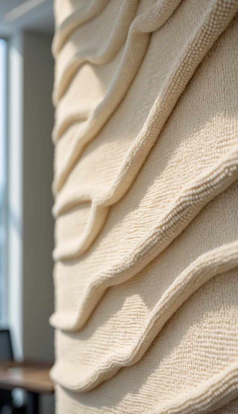 Close-up of soft cream boucle fabric wallcovering with textured loops and subtle shadows.