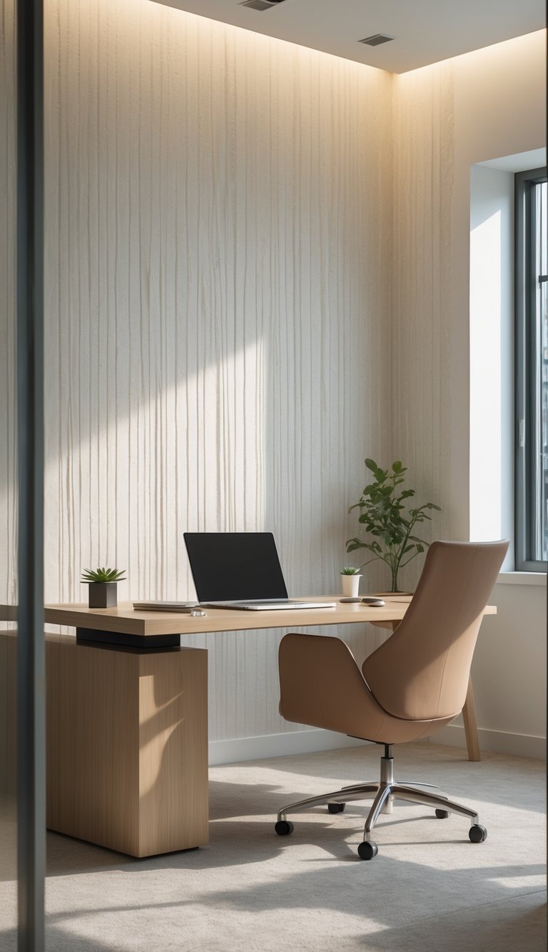 Modern office interior with a wooden desk, chair, and a textured wallpapered wall illuminated by natural light.