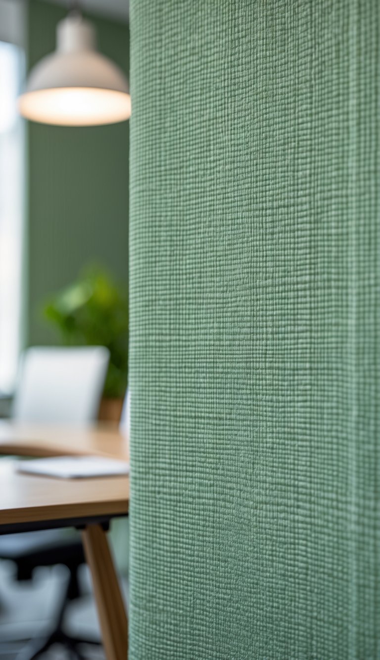 Close-up of sage green hemp-fiber woven wallpaper in an office with a wooden desk and soft natural lighting.