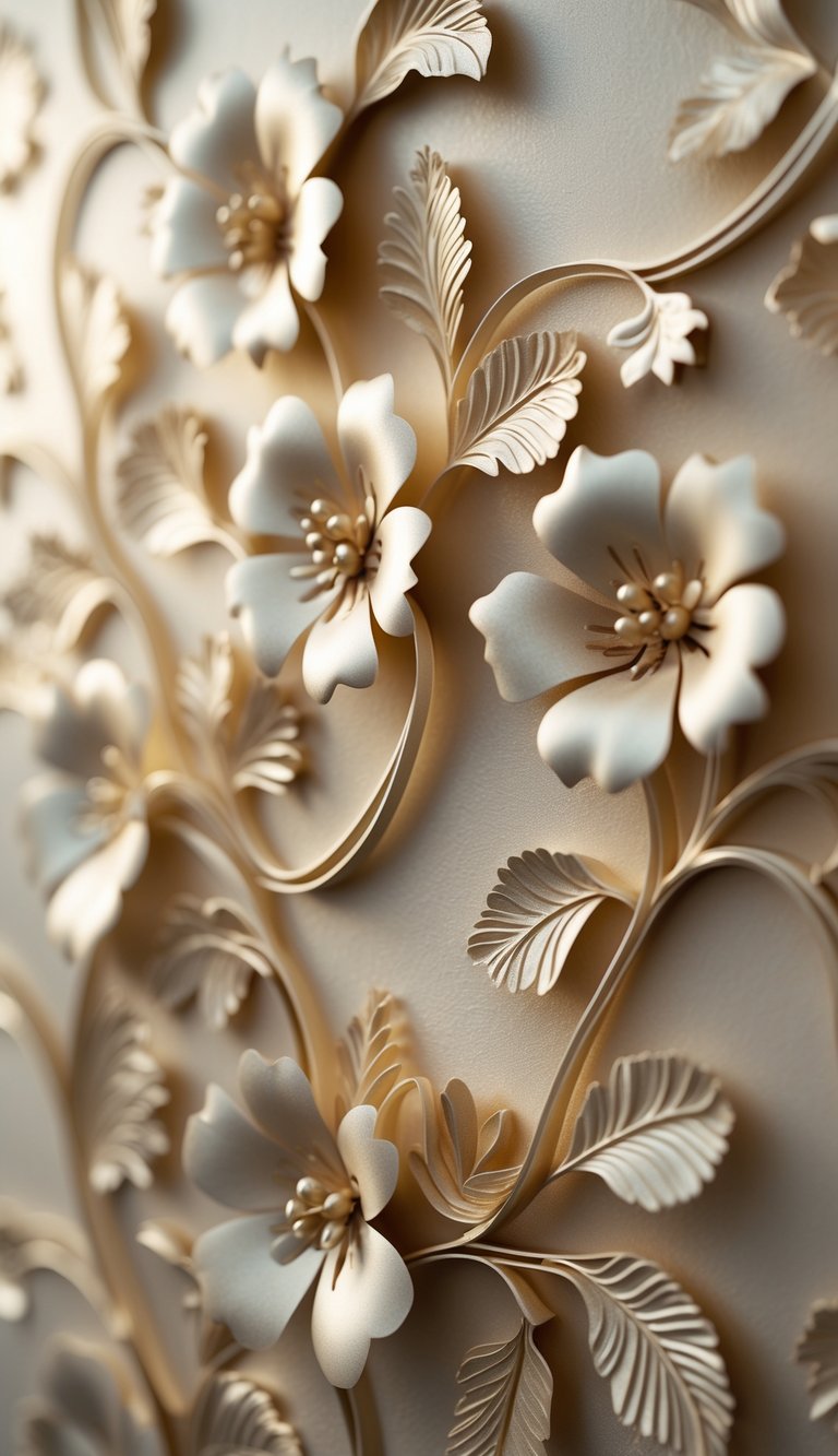 Close-up of soft gold floral wallpaper with raised textured patterns.