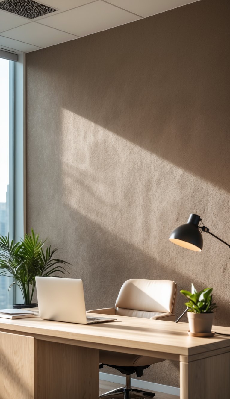 Office workspace with a wooden desk, ergonomic chair, and a wall covered in warm taupe textured wallpaper.