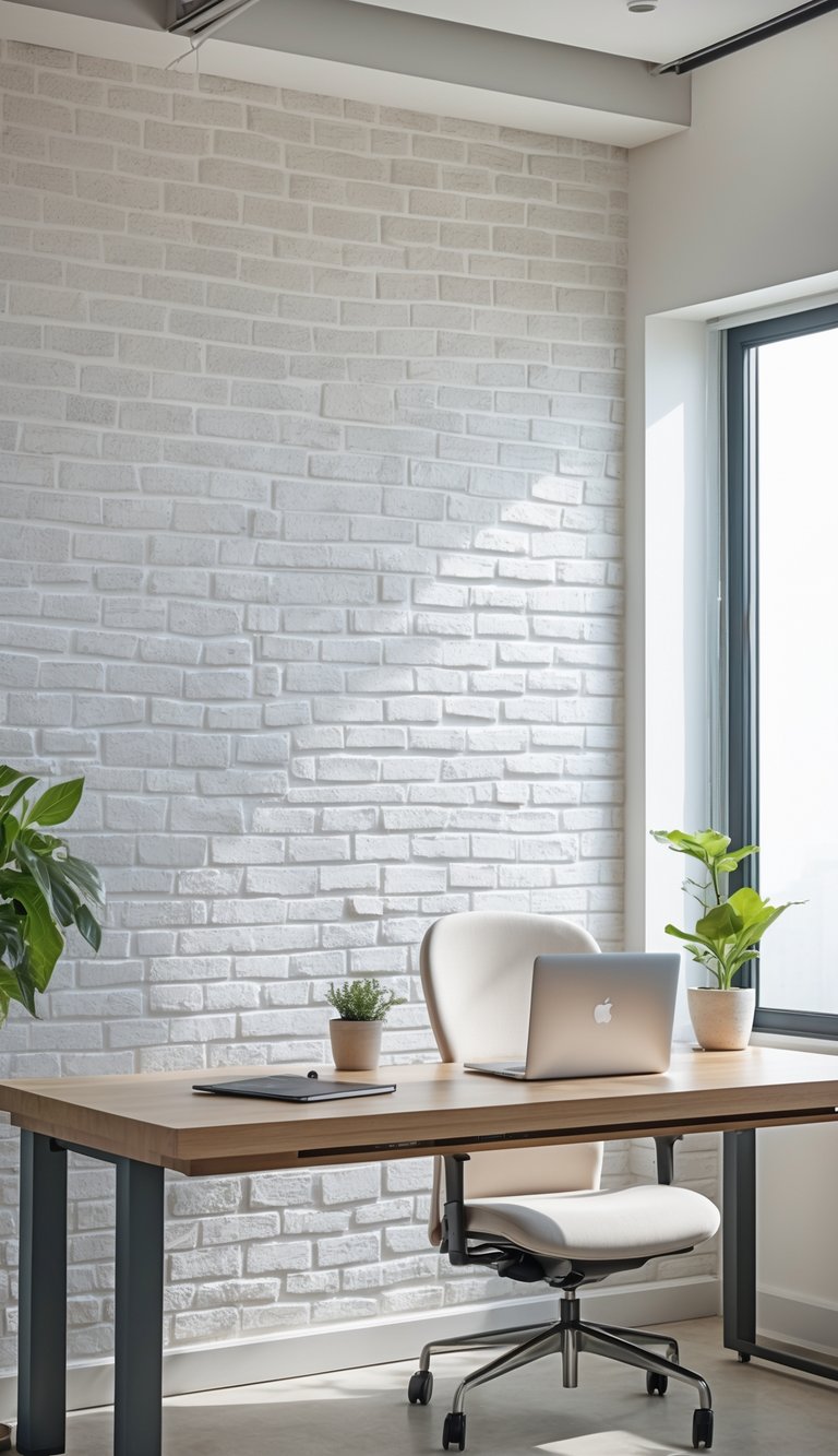 Office interior with a whitewashed brick-effect textured wallpaper, a wooden desk, an ergonomic chair, and office accessories.