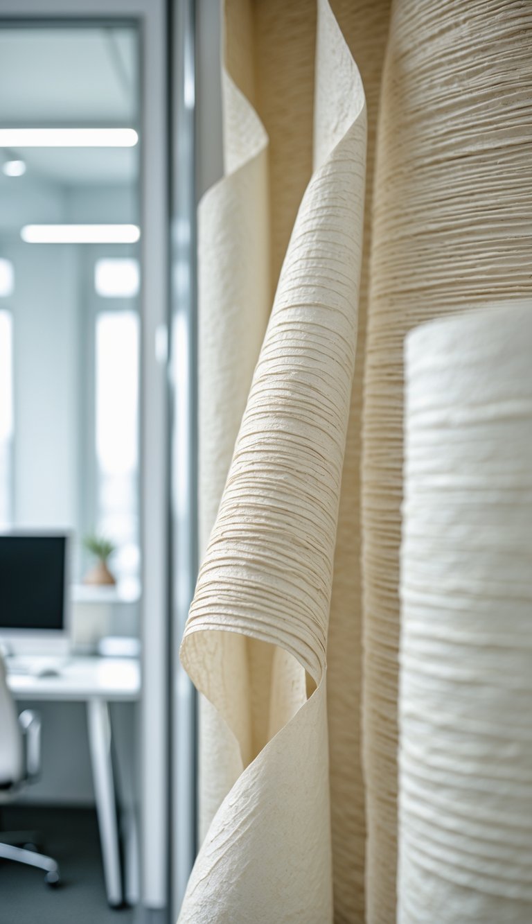 Close-up of textured washi paper wallpaper with visible fibers in a modern office environment.