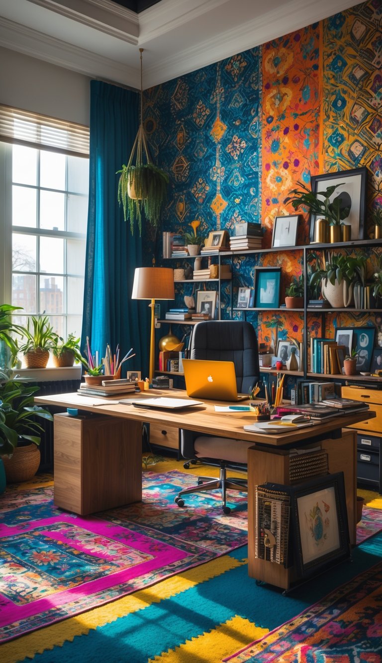 A colorful office space with patterned wallpaper, a wooden desk filled with creative supplies, bookshelves, plants, and large windows letting in natural light.
