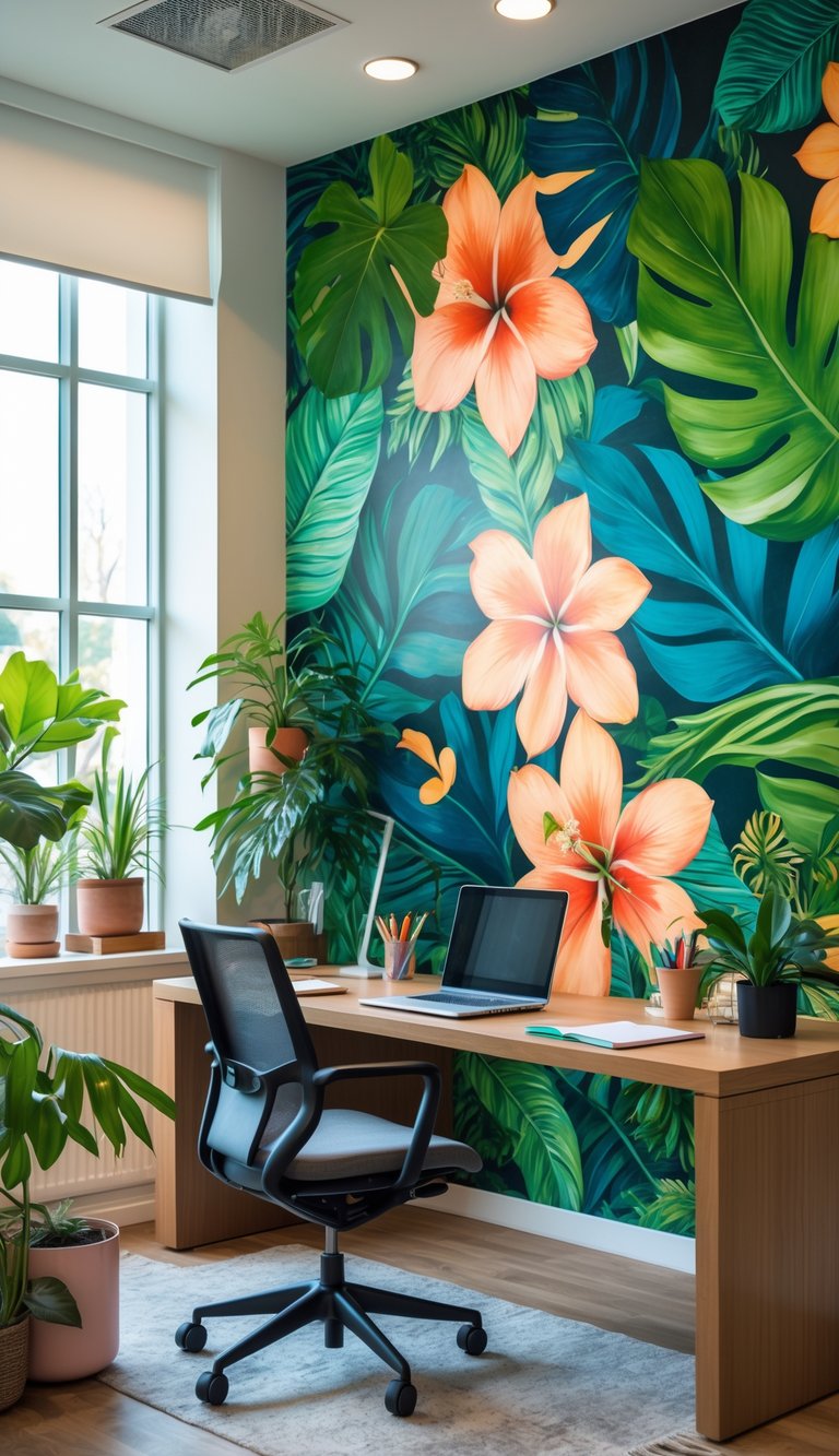 An office with a wooden desk and ergonomic chair in front of a large botanical mural featuring tropical leaves and flowers.