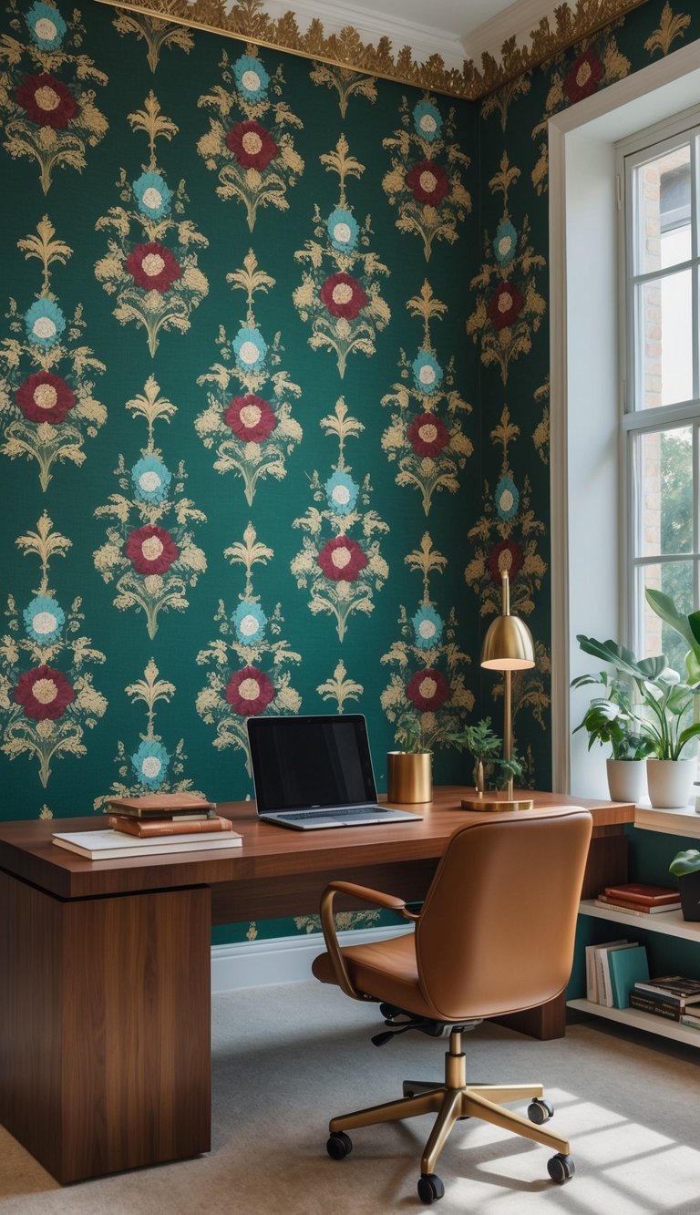 An office interior with a wooden desk, laptop, books, plants, and a colorful floral patterned wallpaper on the wall.