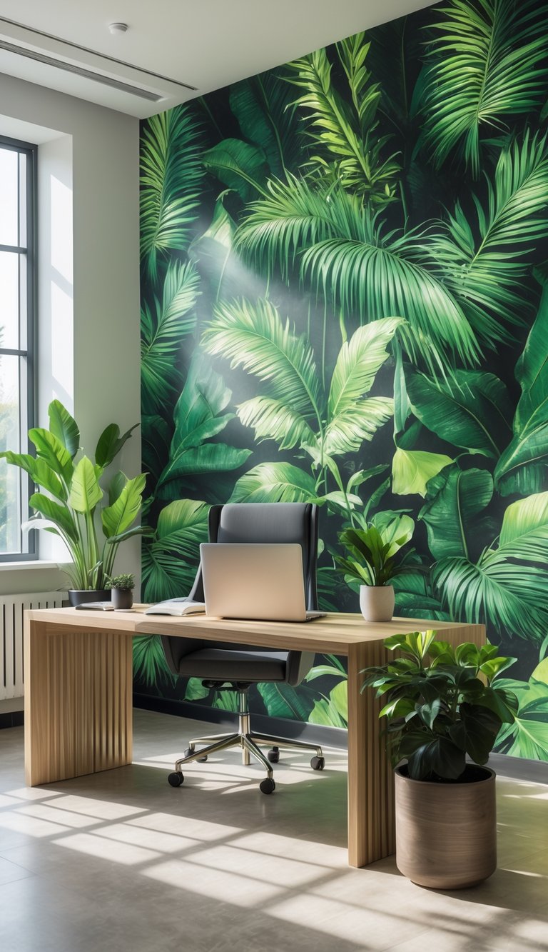 Modern office with a large wall covered in tropical palm leaf wallpaper, a wooden desk with a laptop, and plants near sunlit windows.