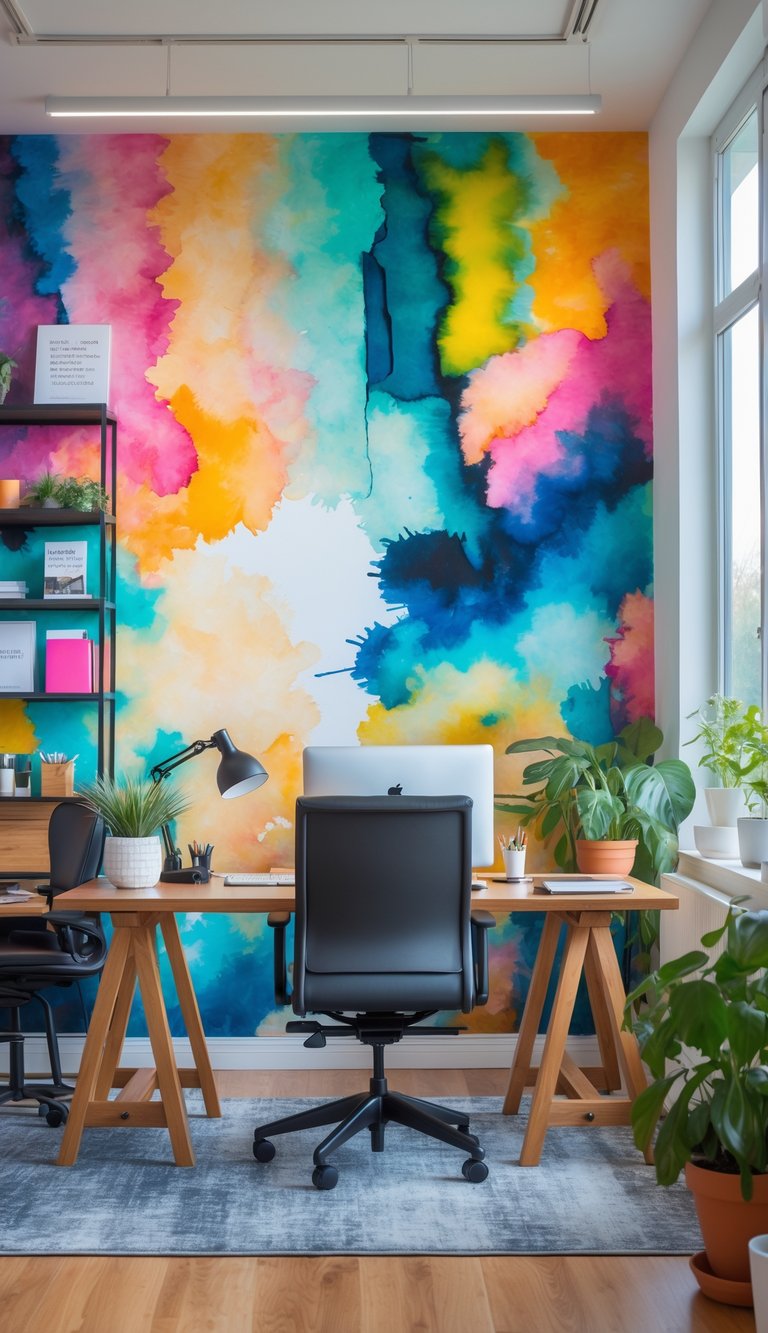 A bright office interior with a large colorful abstract mural on the wall, a wooden desk with a chair, plants, and art supplies.