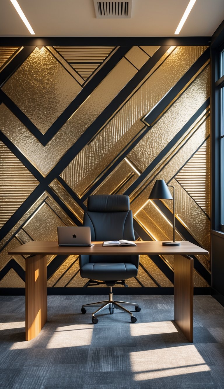 A modern office interior with a wooden desk, ergonomic chair, and a wall covered in bold geometric patterns with metallic gold accents.