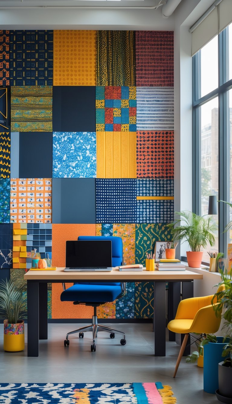 An office interior with a desk and colorful patterned wallpaper panels on the wall behind it.