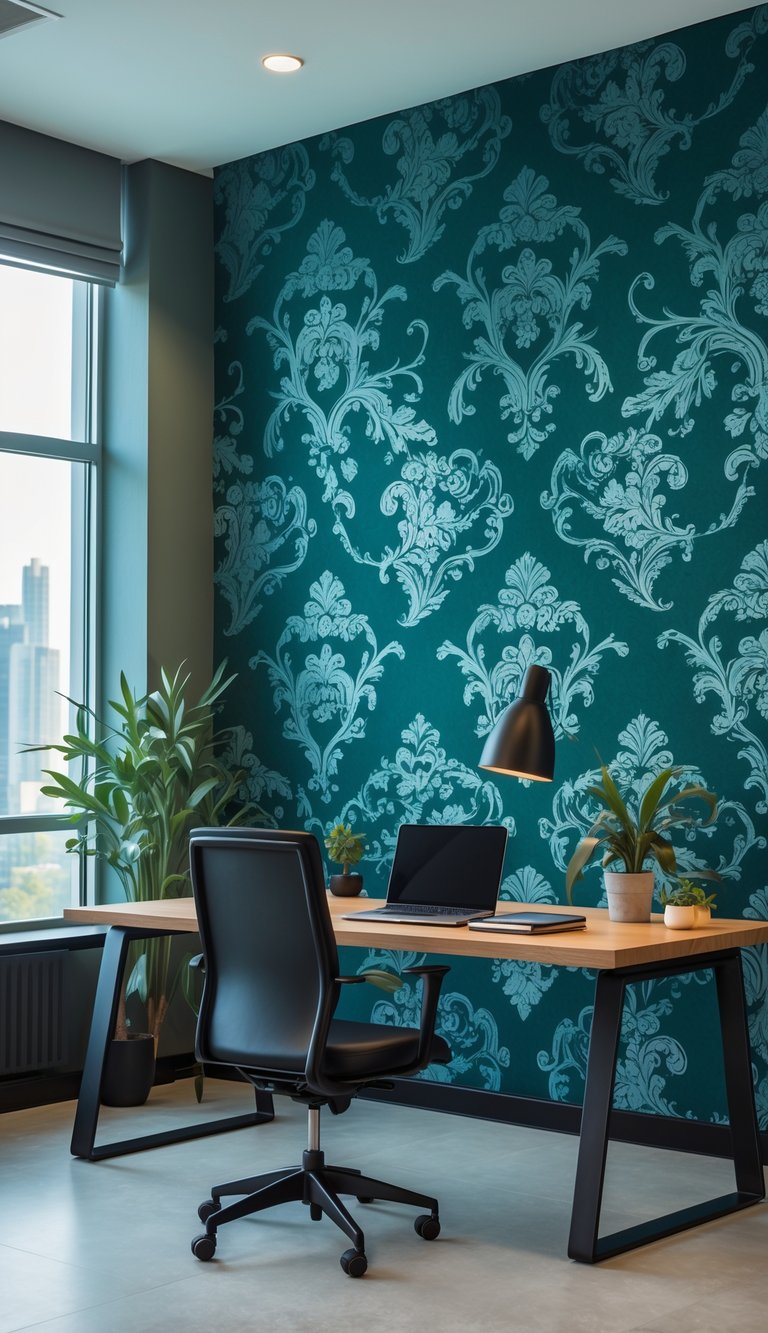 A modern office with a wooden desk, black chair, and a large teal wallpapered wall with ornate scroll patterns.