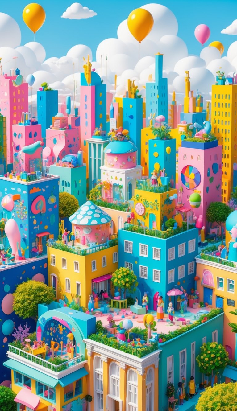 A colorful and busy cityscape with various buildings, rooftop gardens, and people engaged in creative activities outdoors.