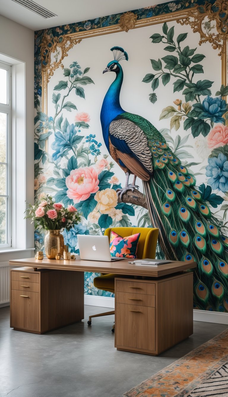 A modern office with a large wall mural featuring peacocks and floral patterns, a wooden desk with a laptop, and decorative items in a bright, stylish room.