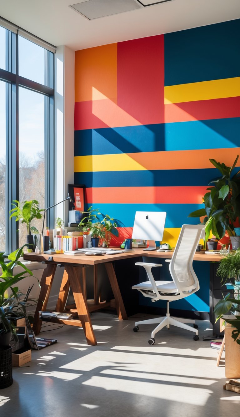 A modern office with a colorful striped mural wall, a wooden desk, chair, art supplies, and plants illuminated by natural light.