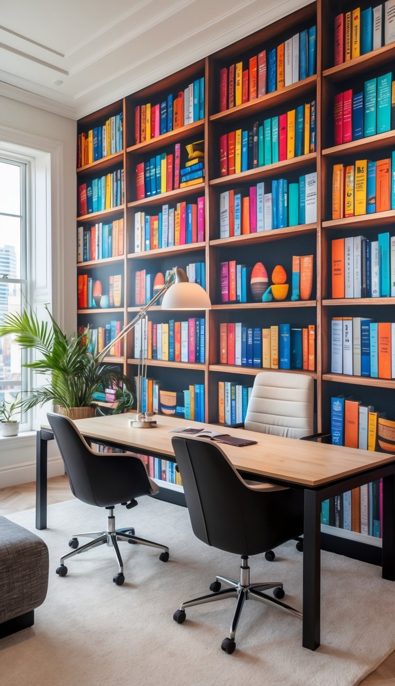 An office with a wall covered in realistic bookshelf wallpaper filled with colorful art books, a desk, chair, and decorative plants.