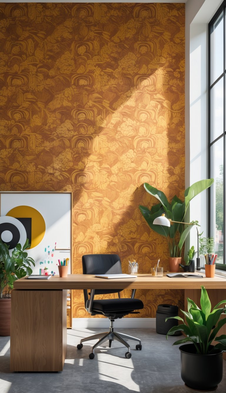 A creative office space with a wooden desk, ergonomic chair, and colorful patterned wallpaper in mustard and terracotta colors.
