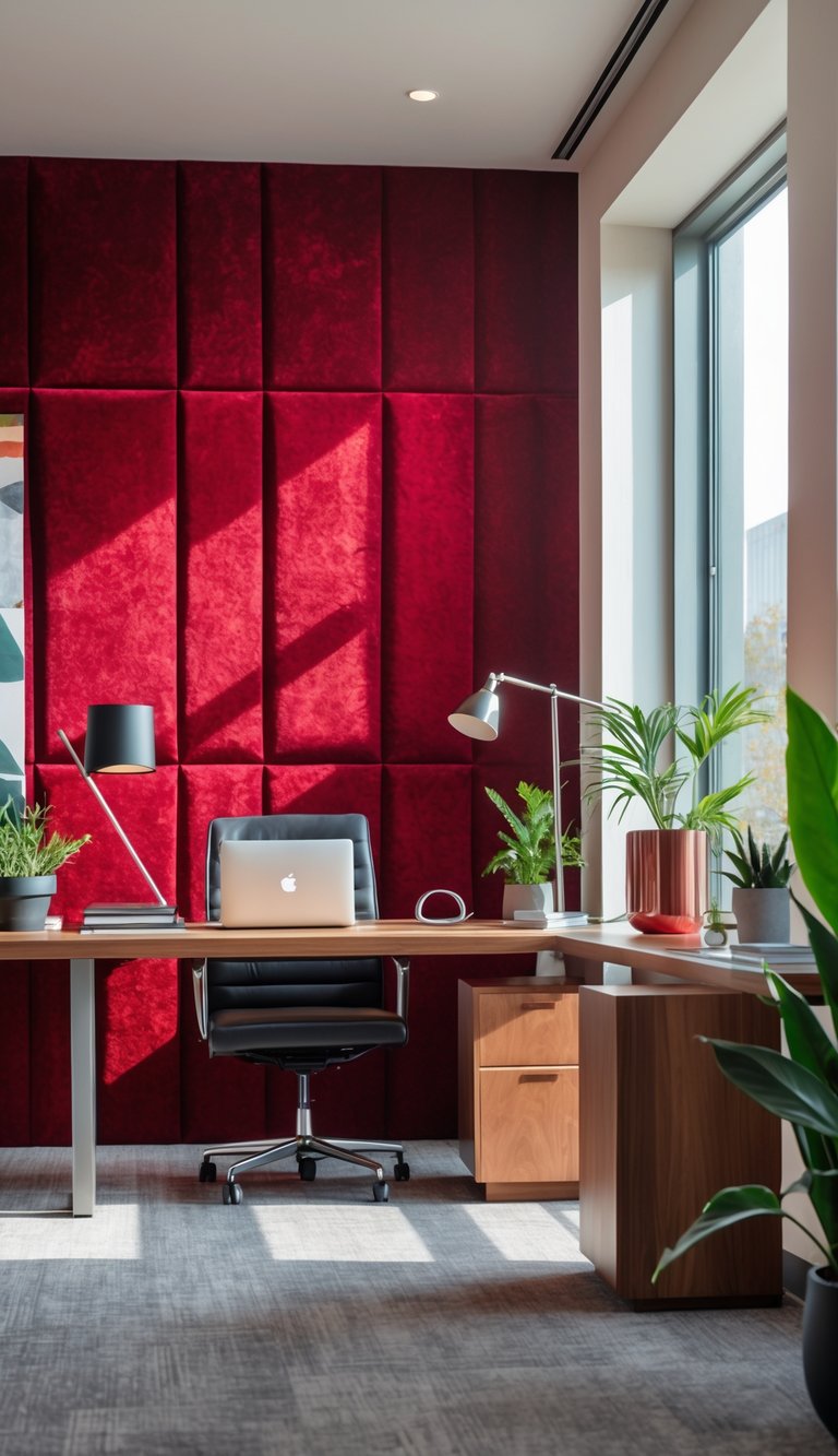 A modern office with a wooden desk and a bold red textured wallpaper on the wall, featuring a laptop, desk lamp, and plants.