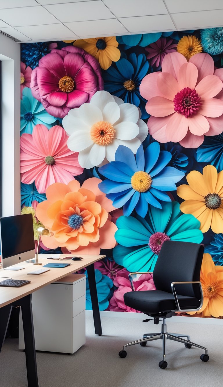 A modern office with a large floral mural covering the wall behind a desk and chair.
