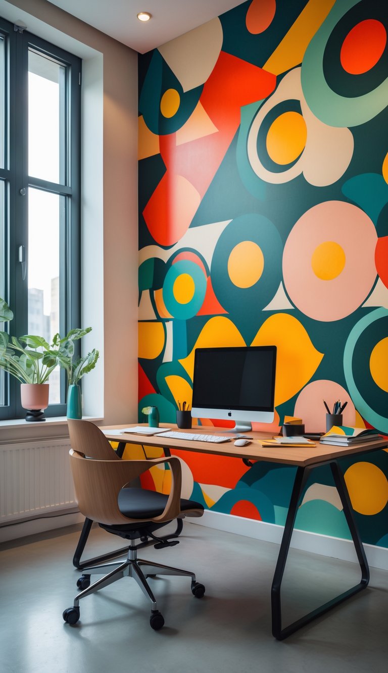 A bright, colorful office workspace with a patterned wallpaper, desk, chair, and creative supplies in natural light.