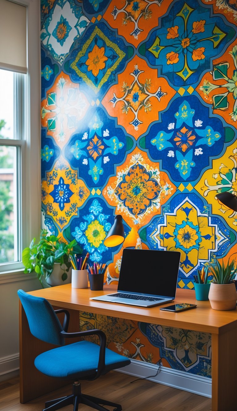 An office workspace with a wooden desk, laptop, plants, and colorful patterned wallpaper on the wall behind.