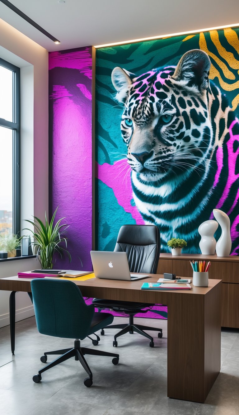 Office interior with a large colorful animal print mural on the wall and a desk with a laptop and creative supplies.