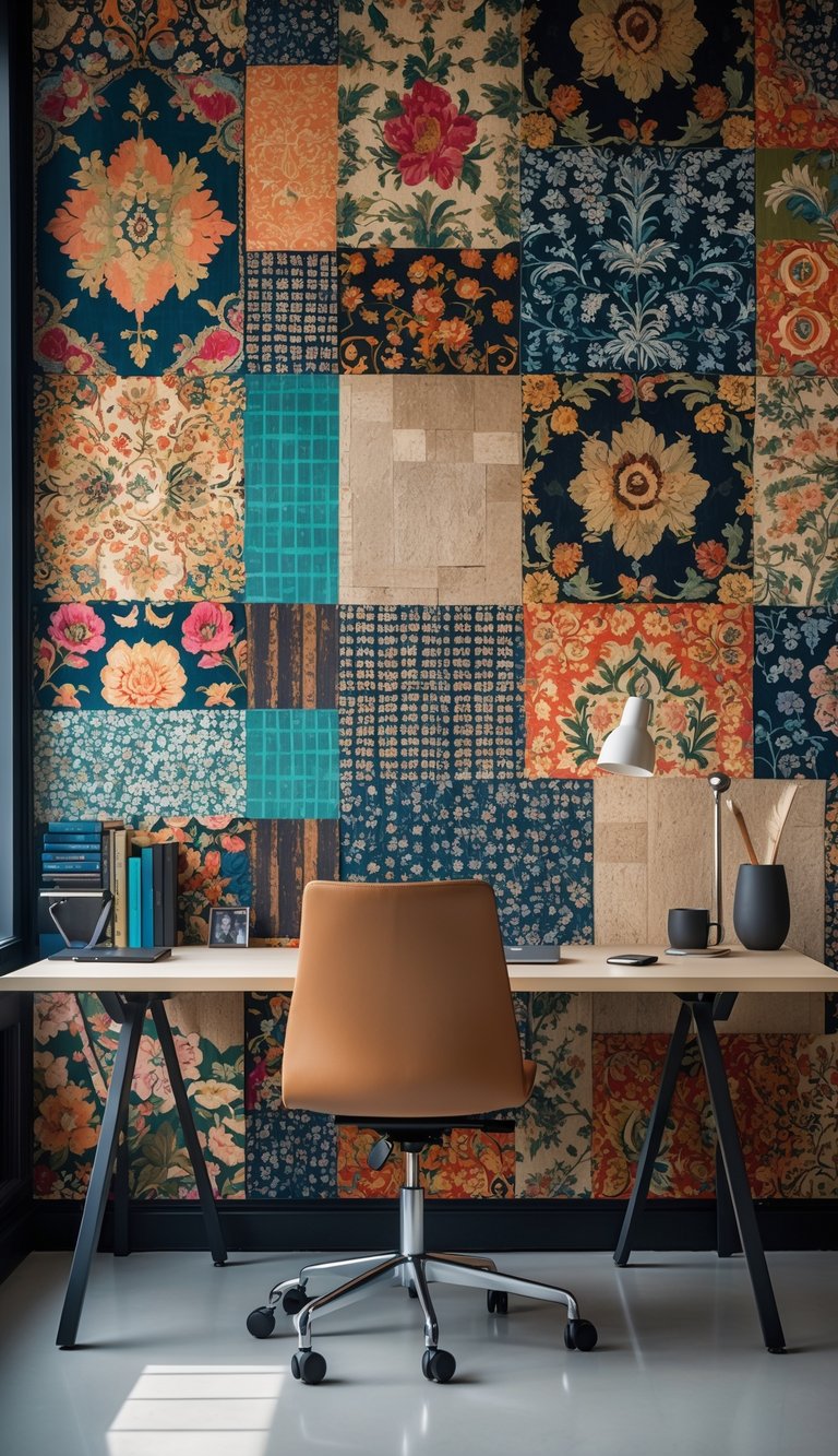 An office workspace with a colorful patchwork wallpaper made of various vintage patterns behind a desk and chair.