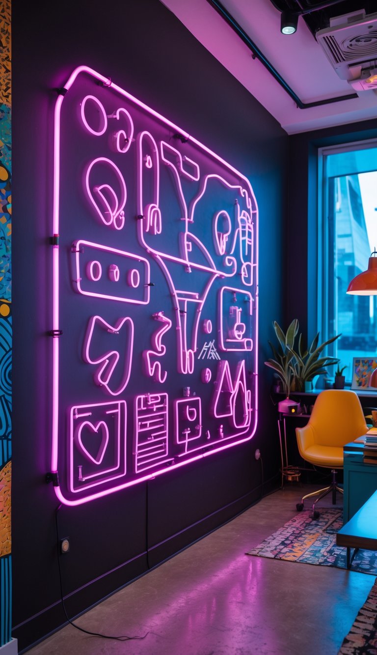 An office interior featuring a neon line art mural on a black wall surrounded by colorful and eclectic decor.
