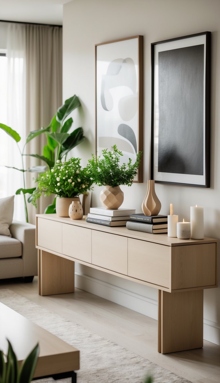 A living room with a console table decorated with plants, books, a vase, candles, and artwork, illuminated by natural light.