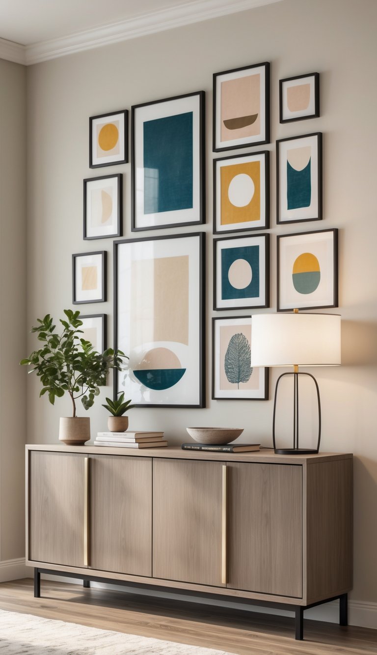 Living room with a console table decorated with plants, books, and a lamp, beneath a wall displaying multiple framed artworks arranged in layers.