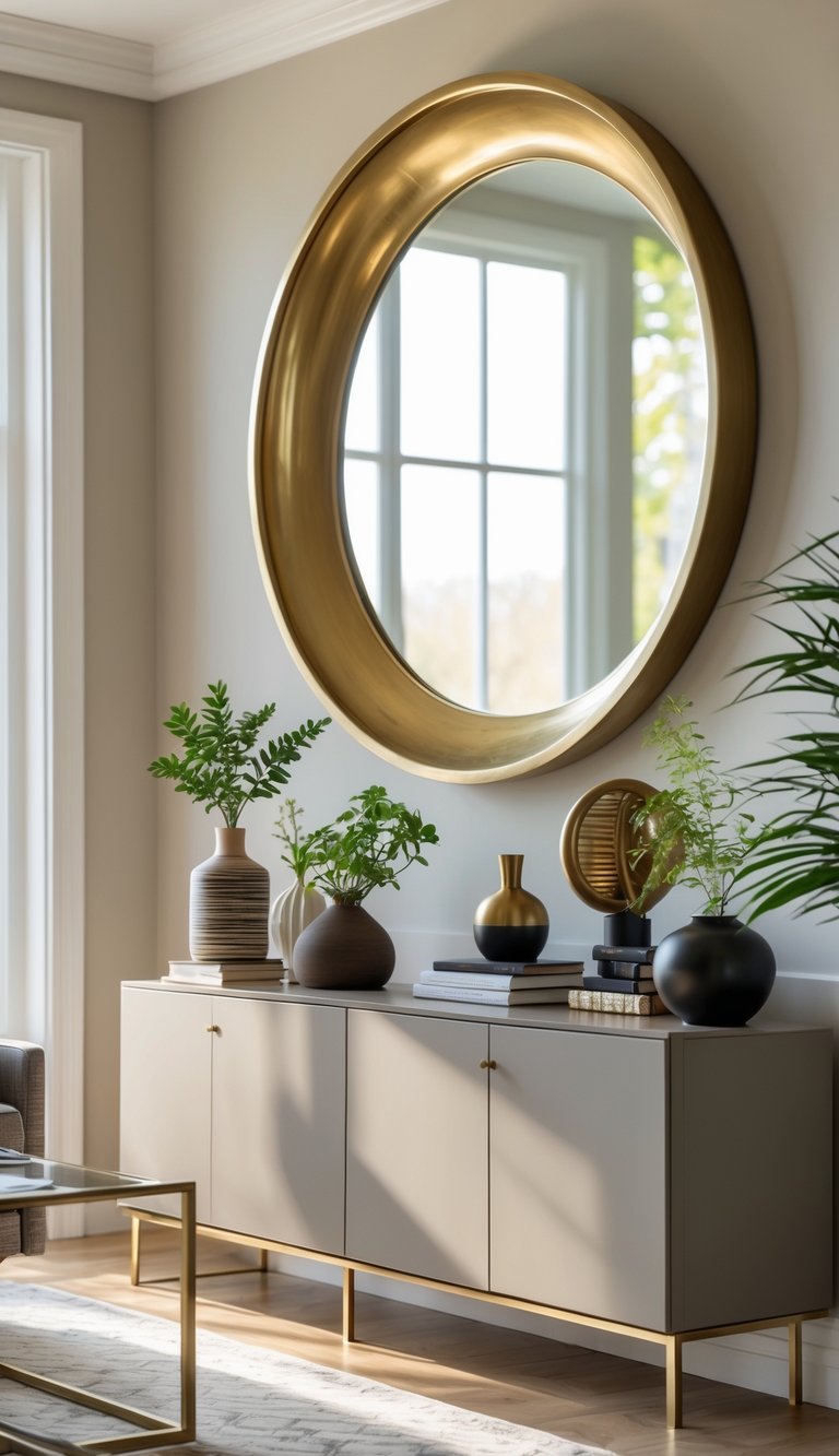 A living room with a large round brass mirror centered on the wall behind a console table decorated with vases, plants, books, and sculptures.