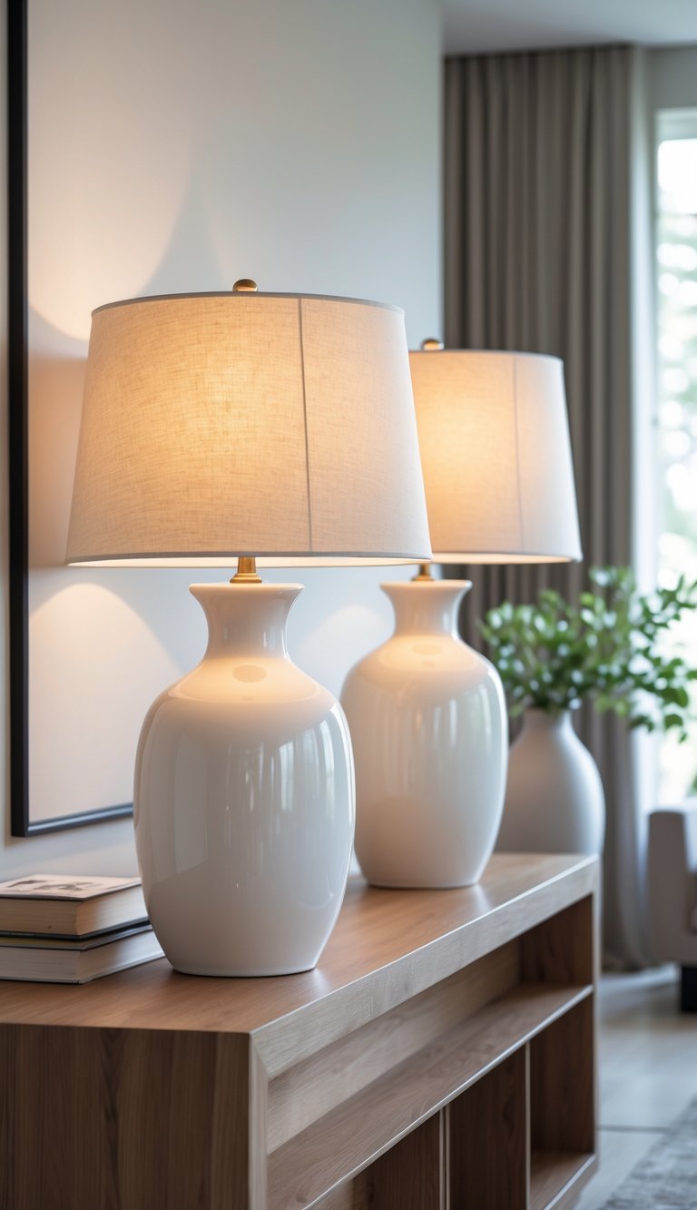 Pair of white ceramic table lamps on a wooden console table in a living room with decorative items and natural light.
