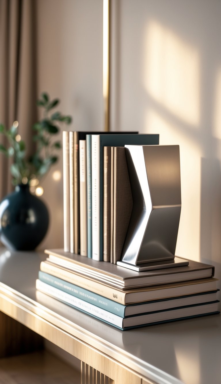 Stack of coffee-table books on a console table supported by a sculptural bookend in a living room setting.