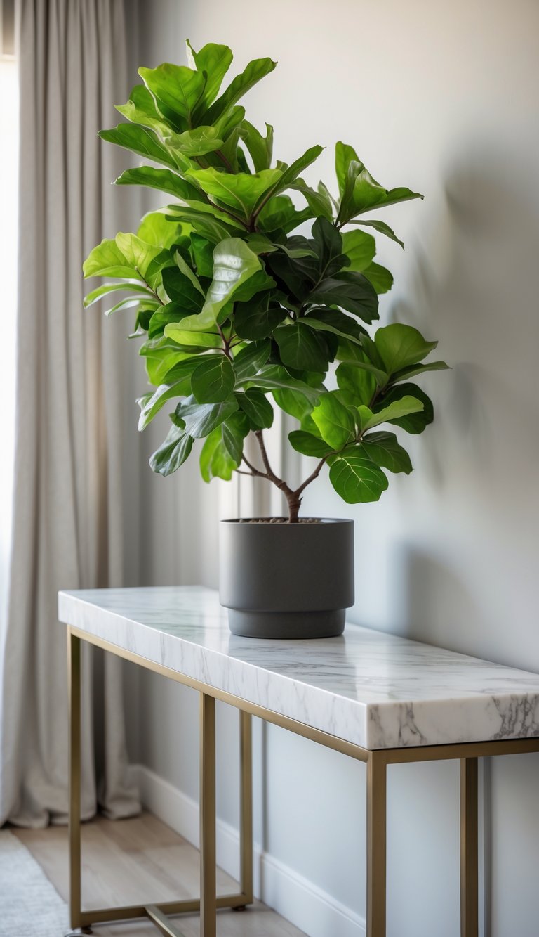 Slim marble-top console table with a potted fiddle leaf fig plant in a living room.