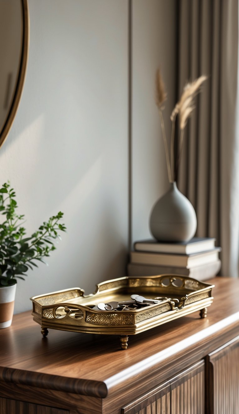 An antique brass tray holding keys and loose change on a wooden console table with decorative items in a living room.