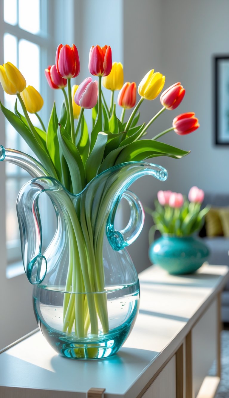 A hand-blown glass vase filled with fresh tulips sitting on a console table in a living room.
