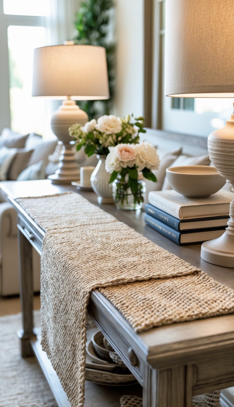 Console table in a living room with a textured woven runner and decorative items including flowers, books, and a lamp.