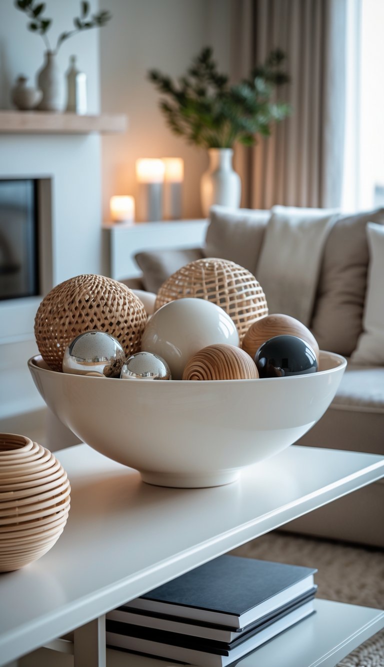 A ceramic bowl filled with various decorative orbs placed on a console table in a living room.