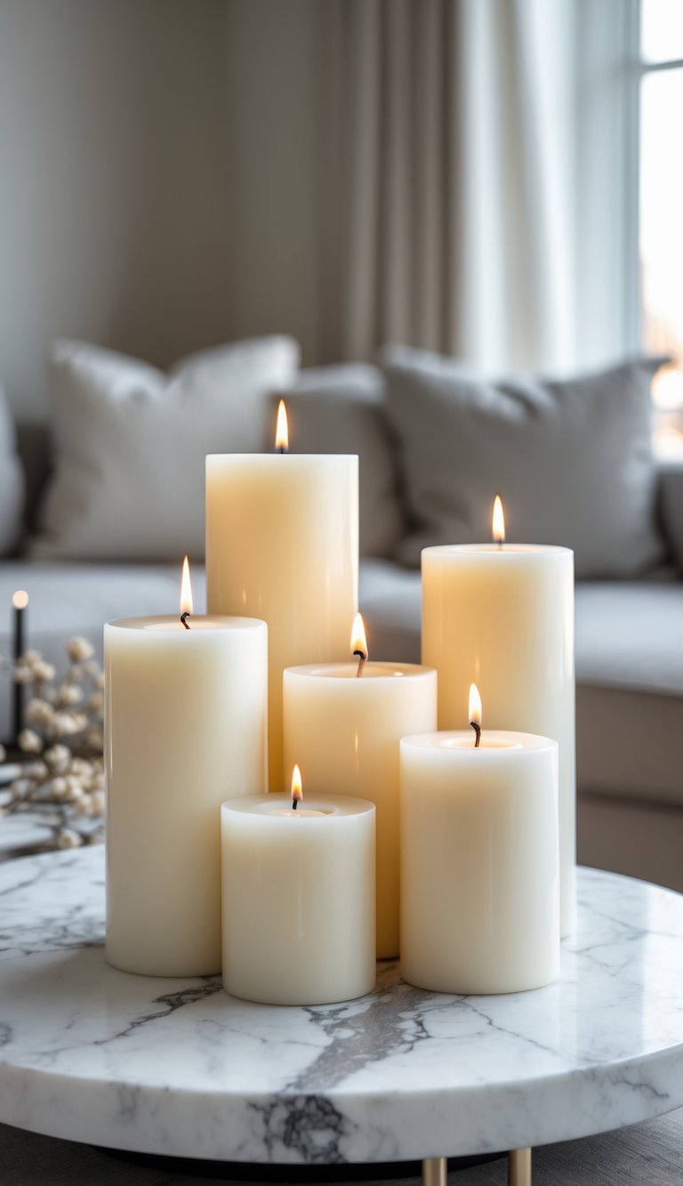A group of pillar candles arranged on a white marble slab in a living room setting.